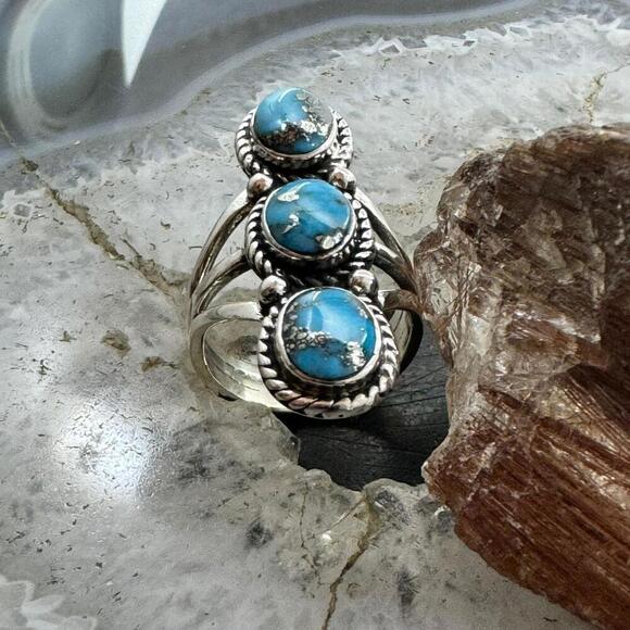 Native American Sterling Silver 3 Oval Matrixed Turquoise Ring Sz 6.75 For Women - Picture 4 of 10